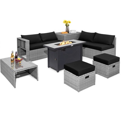 Tangkula 9 PCS Patio Furniture Set with 42" 60,000 BTU Fire Pit Outdoor Space-Saving Sectional Sofa Set with Storage Box Black/Gray/Navy/Red/Turquoise/Off White