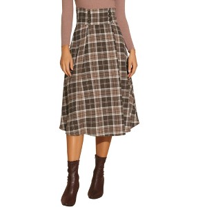 INSPIRE CHIC Women's Plaid High Elastic Waist Vintage Fall A-Line Midi Skirt - 1 of 4