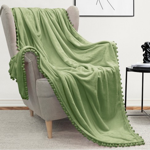 PAVILIA Fleece Pom Pom Blanket Throw for Sofa Bed Soft Lightweight Pompom Fringe Blanket for Couch Sage Green Twin 60x80