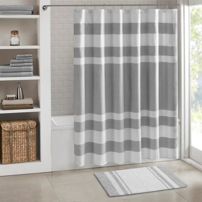 Gray and White Cotton Reversible Striped Bath Rug
