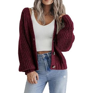 Zeagoo Women's 2025 Fall Chunky Knit Cardigans Open Front Long Sleeve V Neck Button Loose Cardigan Sweaters - 1 of 4