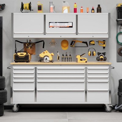 15-Drawer Tool Chest, 72 inch Rolling Workshop Cabinet with Rubber Wood Desktop, Garage Workshop Storage Cabinet with Locking Wheels