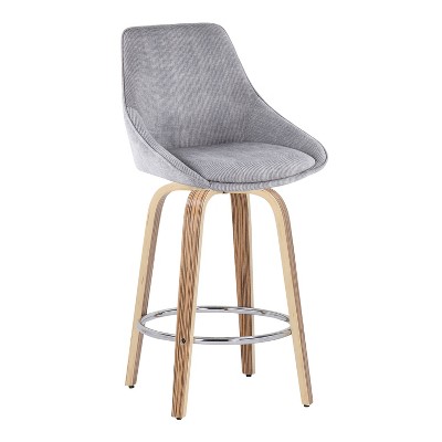 Zebra Wood and Grey Corduroy Swivel Counter Stools, Set of 2