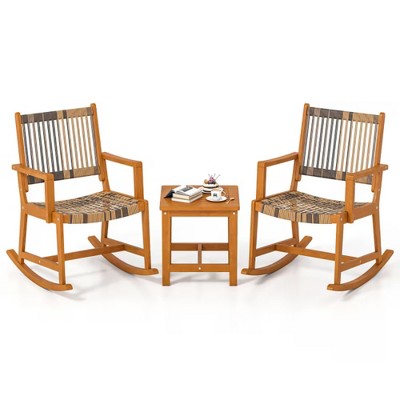 Dsvimoy Patio Accent Table Set 3 Piece Rocking Bistro Set with Acacia Wood and Rattan Backrest for Garden, Brown, 33"*24"*35.5"