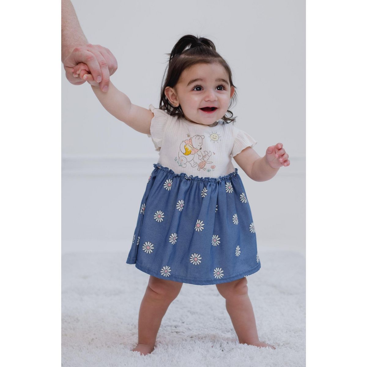 Disney Winnie the Pooh Piglet Floral Baby Girls Chambray Dress and Diaper Cover Outfit Set Newborn to Infant - thumbnail 2