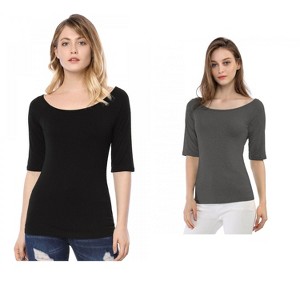 Allegra K Women's Half Sleeves Scoop Neck Fitted Layering Soft T-Shirt 2 Packs - 1 of 4