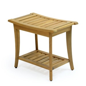 JONATHAN Y Tucker 22.1" Traditional Classic Slatted Solid Acacia Wood Indoor/Outdoor Shower Bench with Shelf and Handle - 1 of 4