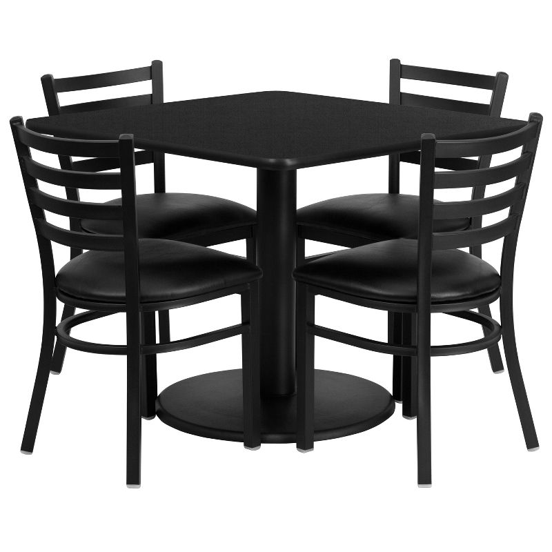 Flash Furniture 36'' Square Black Laminate Table Set with Round Base and 4 Ladder Back Metal Chairs - Black Vinyl Seat, 1 of 3