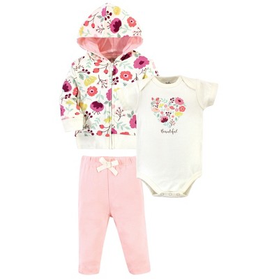 Image of Touched by Nature Baby and Toddler Girl Organic Cotton Hoodie, Bodysuit or Tee Top, and Pant, Botanical, 12-18 Months