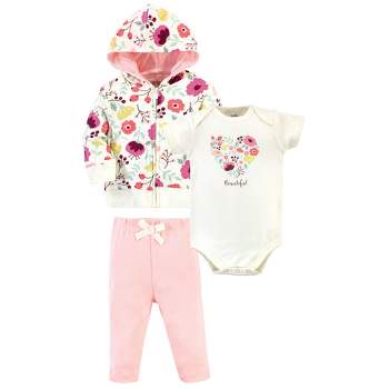 Touched by Nature Baby and Toddler Girl Organic Cotton Hoodie, Bodysuit or Tee Top, and Pant, Botanical