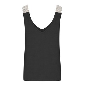 Women's Waffle Knit Tank Top with Lace Straps V-Neck Sleeveless Casual T-Shirt Solid Color Lace-Trimmed Vest Top - 1 of 4