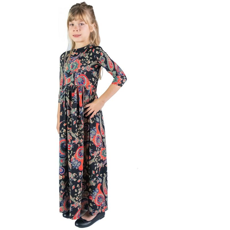 24seven Comfort Apparel Girls Black and Red Paisley Three Quarter Sleeve Pleated Maxi Dress, 2 of 5
