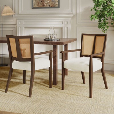 PexFix 2Pcs Modern Upholstered Fabric Armchairs Dining Chairs Rattan Back Dining Room Chairs Accent Kitchen Chairs with Solid Wood Legs Walnut