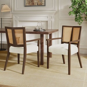 PexFix 2Pcs Modern Upholstered Fabric Armchairs Dining Chairs Rattan Back Dining Room Chairs Accent Kitchen Chairs with Solid Wood Legs Walnut - 1 of 4