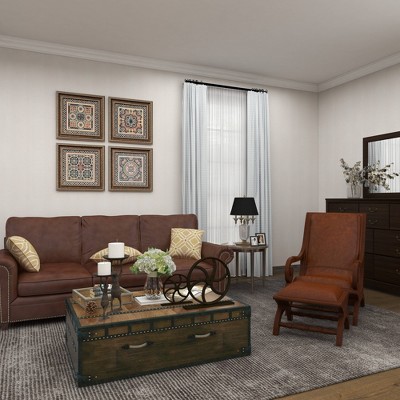 Handcrafted Brown Leather and Teak Wood Accent Chair with Ottoman