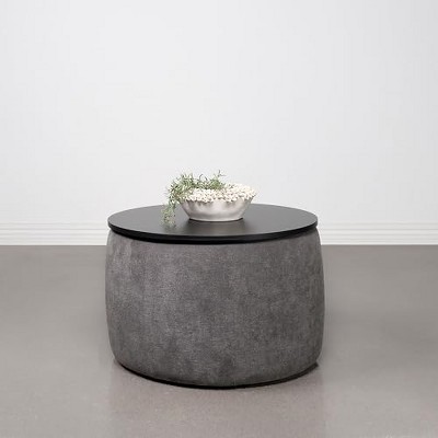 Gray and Black Round Upholstered Lift-Top Storage Ottoman