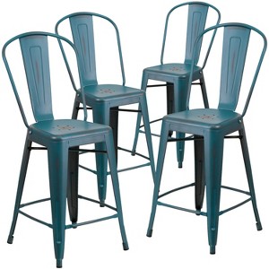 Emma and Oliver Commercial Grade 4 Pack 24" High Distressed Metal Indoor-Outdoor Counter Height Stool with Back - 1 of 4