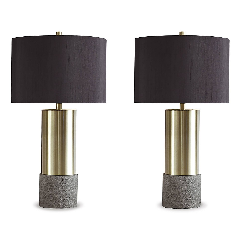 Set of 2 Jacek Table Lamps Gray/Brass - Signature Design by Ashley: Chic Drum Shade, Metallic Accents, UL Listed