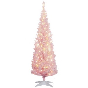 5ft Pencil Christmas Tree, Slim Artificial Christmas Tree with Snow Flocked Branches and Warm White LED Lights - 1 of 4
