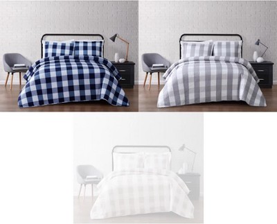 Navy and White Twin XL Microfiber Reversible Quilt Set