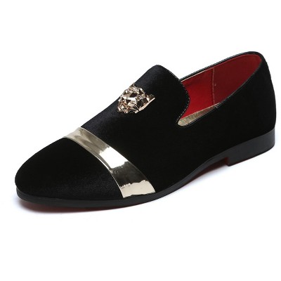 Santimon Mens Velvet Loafers with Gold Bar Tiger Head Dress Shoes Black