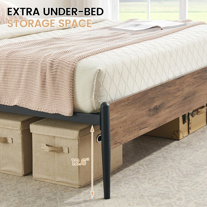 Queen Bed Frame with Wooden Look Headboard, Metal Bed Frame with Under Bed Storage, No Box Spring Needed, Walnut Color, 5 of 10