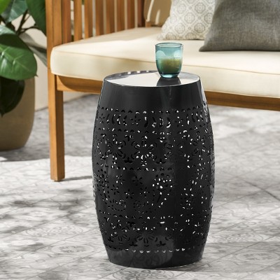 Syemin End Tables Outdoor and Indoor Lace Cut Iron Patio Table, Round Hollow Metal Drum Shape Sidide Table, Accent Table, Black, 12.25"*12.25"*18"