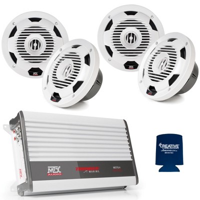 MTX 2 Pairs WET77-W 7.7" 75W RMS 4Ω Coaxial Speakers - White & WET75.4 Thunder Marine 100W x 4 @ 2Ω Amplifier