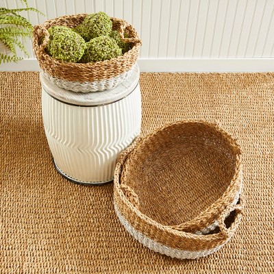 Natural and White Seagrass Shallow Storage Baskets with Handles, Set of 3