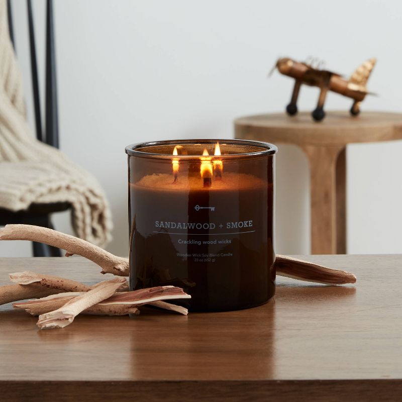 3-Wick Amber Glass Sandalwood + Smoke Lidded Wooden Wick Jar Candle 21oz - Threshold&#8482;, 3 of 5