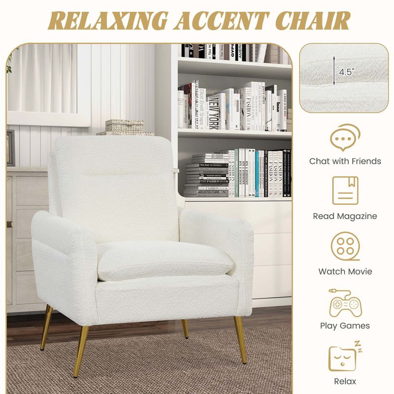 Costway Modern Accent Chair Upholstered  Armchair w/ Tapered Metal Legs White, 5 of 9