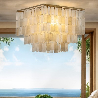 ALOADECOR 3-Light Coastal Natural Capiz Shell Tiered Flush Mount Ceiling Light With Square Antique Gold Frame