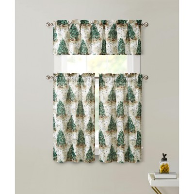 Christmas Trees Semi Sheer Kitchen Curtain Tier and Valance Set