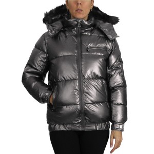 Spire By Galaxy Women's Full Zip Heavyweight Bubble Jacket With Detachable Faux Fur Hood - 1 of 4