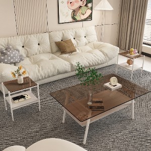 Lyngins 38.58" Modern Coffee Table with Tempered Glass Top, MDF Lower Panel & Metal Legs, 2-Tier Rectangle Center Table, Living Room Tea Table - 1 of 4