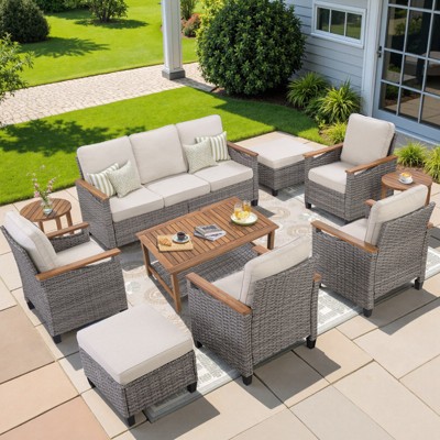 Buenhomino 10-Piece Outdoor Patio Set – 4 Single Chairs, Sofa, 2 Side Tables, 2 Ottomans & Coffee Table, All-Weather Wicker, Beige