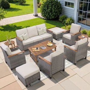 Buenhomino 10-Piece Outdoor Patio Set – 4 Single Chairs, Sofa, 2 Side Tables, 2 Ottomans & Coffee Table, All-Weather Wicker, Beige - 1 of 4