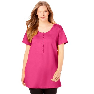 Woman Within Plus Size Perfect Short-Sleeve Scoop-Neck Henley Tunic