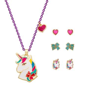 JoJo Siwa Girls Unicorn Jewelry Gift Set, Yellow Plated Necklace with 3 Pairs of Stud Earrings