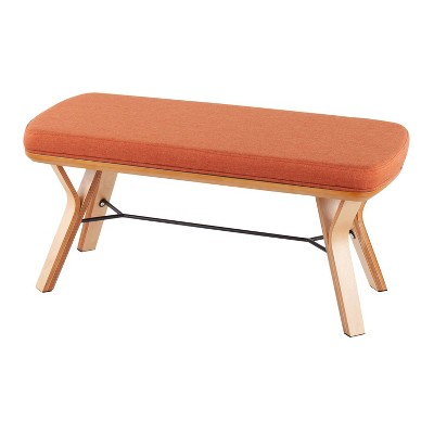 Mid-Century Modern Orange Fabric and Wood Bench