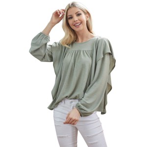 Slickblue Draped Ruffle Long Sleeve Top, Comfortable Rayon-Polyester Blend, Casual & Semi-Formal, Ivory, S - 1 of 4