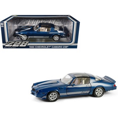 1980 Chevrolet Camaro Z28 with T-Tops Dark Blue Metallic w/Stripes and Light Gray Interior 1/18 Diecast Model Car by Greenlight