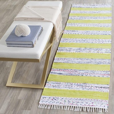 Ivory and Light Green Cotton Striped Runner Rug