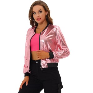 INSPIRE CHIC Women's Holographic Fashion Stand Collar Metallic Lightweight Zip Bomber Jacket - 1 of 4