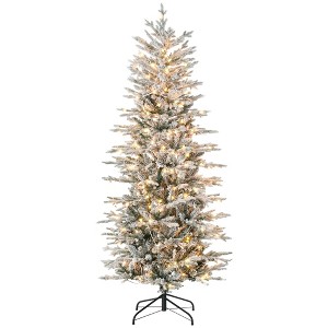 HOMCOM 6 FT Prelit Artificial Christmas Tree Holiday Decoration with Snow Flocked Branches, Warm Yellow Clear Lights, Auto Open, Extra Bulb - 1 of 4