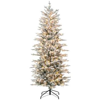 HOMCOM 6 FT Prelit Artificial Christmas Tree Holiday Decoration with Snow Flocked Branches, Warm Yellow Clear Lights, Auto Open, Extra Bulb