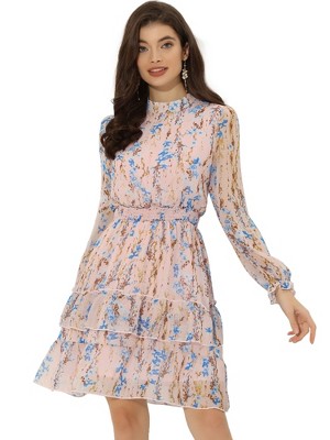 INSPIRE CHIC Women's Stand Collar Smocked Waist Sheer Sleeve Ruffle Layers Floral Chiffon Dress