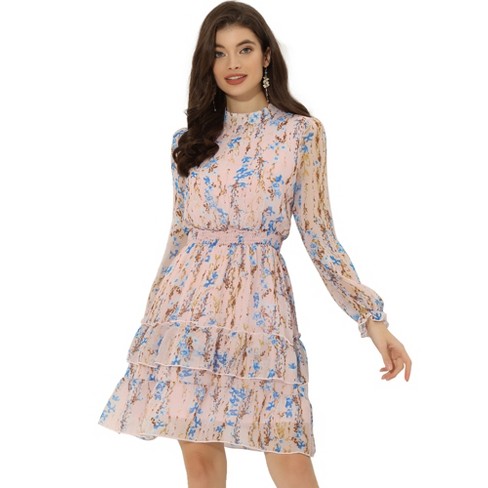 Allegra K Women's Floral Print Long Sleeve Spring Flowy Midi Boho Dress  X-Small Pink at  Women's Clothing store