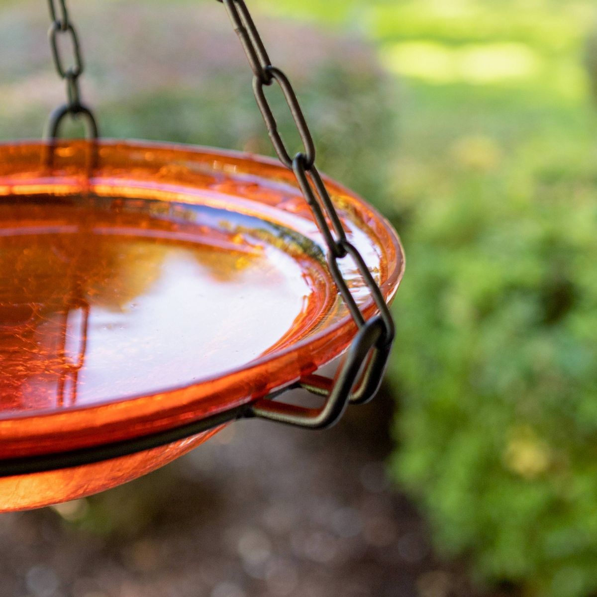 12.5" Crackle Glass Hanging Birdbath Bowl Mandarin Orange - ACHLA Designs: Wrought Iron Garden Decor - thumbnail 9