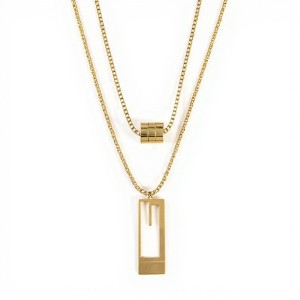 Anna-Kaci Women's Layered Geometric Pendant Necklace with Rectangular and Cylinder Charms - 1 of 4